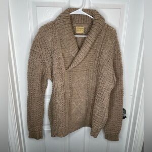 Falcarragh Made in Ireland Wool Cable Knit Fisherman Shawl Collar Tan Sweater M